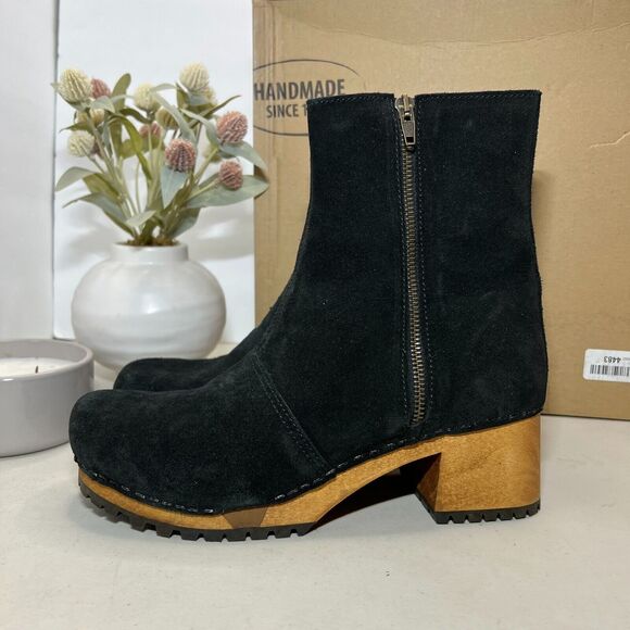 Sanita Uma Suede Leather Wood Ankle Boots Side Zip Black Women 42/11.5-12 NWB - Picture 1 of 9